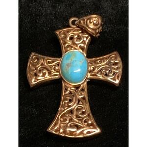 NK Cross Pendant Turquoise Cabochon Thailand Filigree Rose Gold Tone